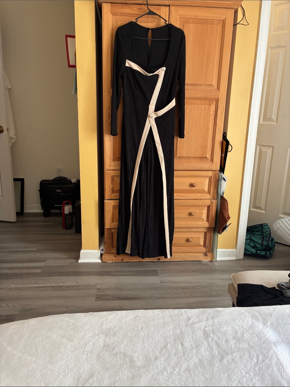 Black Long Sleeve Maxi Dress with Cream Trim